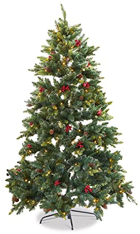 Loberon Weihnachtsbaum Bindley, Christbaum mit warmen LEDs, Echte Zapfen & Naturgetreuen Beeren, Deko-Tanne, Kunstbaum, Weihnachtsdeko, Eisen, Polyethylen, Fichtenzapfen, grün