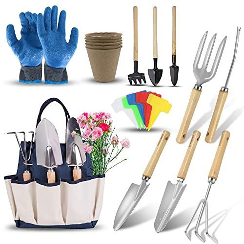 Attrezzi da Giardino Set, DEWINNER 23 PCS Giardinaggio Kit con Borsa Utensili, Impugnatura Ergonomica da Regali, Guanti da Impermeabile