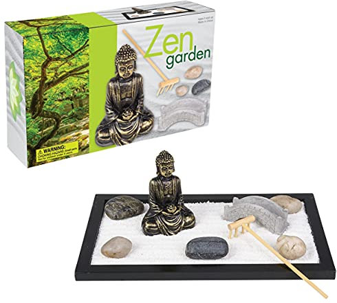 Japanese Home Zen Garden Set (11x6.5) Includes 7 Pieces and 1 rake. Desk Size. Mini Rock Meditation Gift Sandbox Buddha Statue, Stones and Bridge Gift Stress Relieve Relief