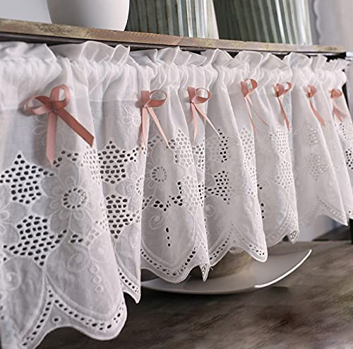 A.Monamour Gardine Scheibengardinen Kurzstores Weiße Baumwolle Bestickte Spitze Bauernhaus Küche Fenster Vorhang Volants Kleiner Halber Vorhang Schrank Vorhang Tür Vorhang Rosa Schleife