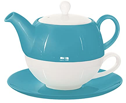 Buchensee Tea for One Lena 500ml aus Crystal Bone China Porzellan in türkis. Teekanne + Teetasse + Untertasse