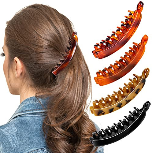 MELLIEX 4 Stück Haarspangen Damen, Bananen Haarklammer Groß Schwarz Braun Schildpatt Haarclips für Damen und Mädchen