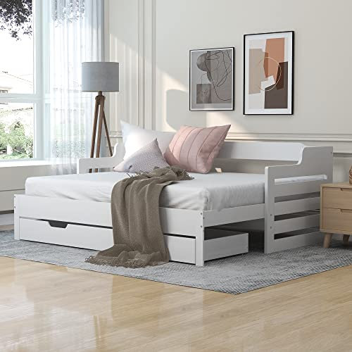 HESHU Daybed, Trundle and Drawer, Cabin Bed, SIngle Guest Bed Sofa Bed, Pull out Trundle and Storage Drawer for Living Room and Bedroom - 3ft, 90 x 190 cm - White