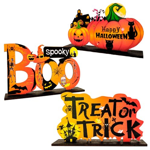 Morofme Halloween Tisch Dekoration 3pcs, Holz Halloween Tischdekorationen, Trick oder behandeln Kürbis Boo Spooky Tisch Zeichen Halloween Ornamente für Zuhause Schreibtisch Büro Bar Halloween Supplies