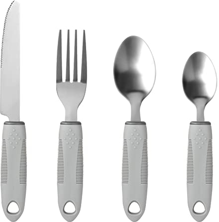 Maotrade 4 Stück Easy Grip Besteck Set Gabel Teelöffel Esslöffel Messer Rutschfest Griff gegen Handzittern Nicht Gewichtet Adaptive Utensilien für Ältere Menschen Arthritis Parkinson Behinderte (Grau)