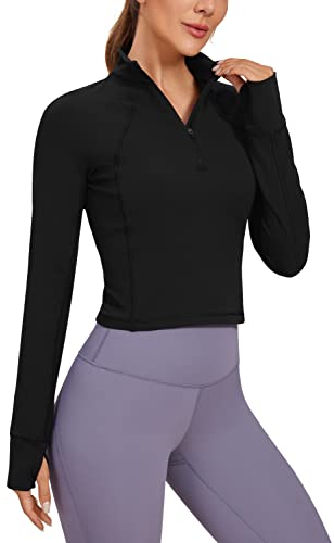 CRZ YOGA Damen Butterluxe 1/2 Reißverschluss Langarmshirt Sport Pullover Crop Oberteile Fitness Gym Running Sweatshirt mit Daumenloch Schwarz 34
