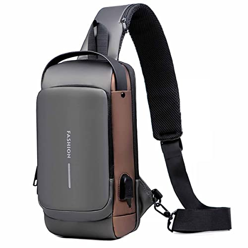 FANFUSUZI Brusttasche Sling Bag Crossbody Bag UmhäNgetasche Herren Mit Usb-Ladeanschluss Passwortschutz Reisen Wandern Wasserdicht Grau