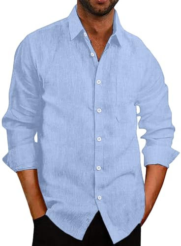 COOFANDY Mens Linen Shirts Long Sleeve Regular Fit Summer Casual Holiday Button Up Shirt with Pocket Solid Color Sky Blue XL