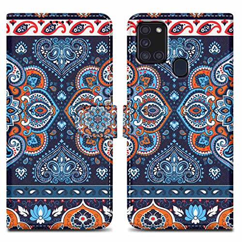 Cadorabo Hülle kompatibel mit Samsung Galaxy A21s - Design Blaues Mandala No. 1 - Schutzhülle mit Magnetverschluss, Standfunktion und Kartenfach