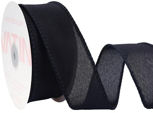 VATIN Linen Wired Ribbon,1-1/2 Inch X 10 Yard,Black Burlap Wired Ribbon for Big Bow Crafts,Wreaths, Christmas Tree Decoration,Gift Wrapping