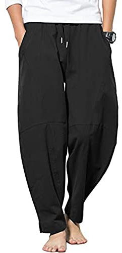 YAOBAOLE Pantalon Yoga Homme Pantalon Lin Homme Été Pantalons Lin Hommes Large Pantalons Noir Hommes Coton Noir XL