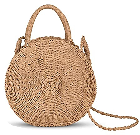 MAOYUTOU Sac à main en bambou vintage pour femme - Sac tissé - Sac de plage rond bohème - Pour les voyages, les vacances, les loisirs, marron, 1 paire de chaussettes