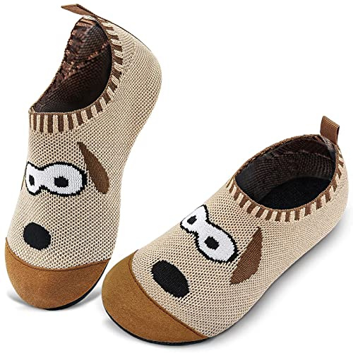 WateLves Hausschuhe Kinder Mädchen Slipper Rutschfeste Leichte Turnschläppchen Flexibe Atmungsaktive Barfuss Pantoffeln Kindergarten(Hund Brauner,28 29 EU)