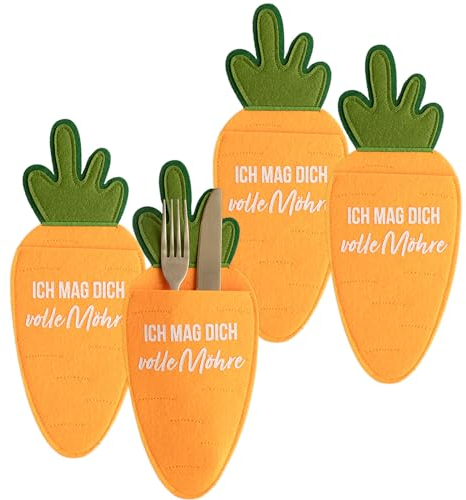 Papierdrachen Bestecktaschen aus Filz in Karottenform – Set mit 4 Stück, 11,5 x 29 cm – Robust & Pflegeleicht – Fröhliches Design für Tischdeko – Perfekt für Ostern & Herbstfest