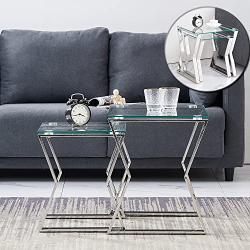 Satztische aus Glas mit Rahmen aus 100 % Edelstahl, stapelbare verchromte Satztische, Beistelltische, Lampentische für das Wohnzimmer, platzsparend – Tischplatte aus klarem gehärtetem Glas (2er-Set)