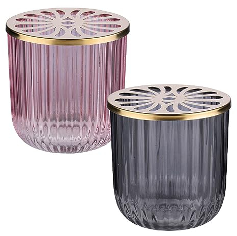 Murago - 2er Set Glas Windlichter Grau & Rosa Metalldeckel in Gold je ca.9,4x9,2cm - Kerzen Deko Teelicht Halter Teelichthalter transparent geriffelt Kerzengläser Tischdeko für kleine Stumpenkerzen