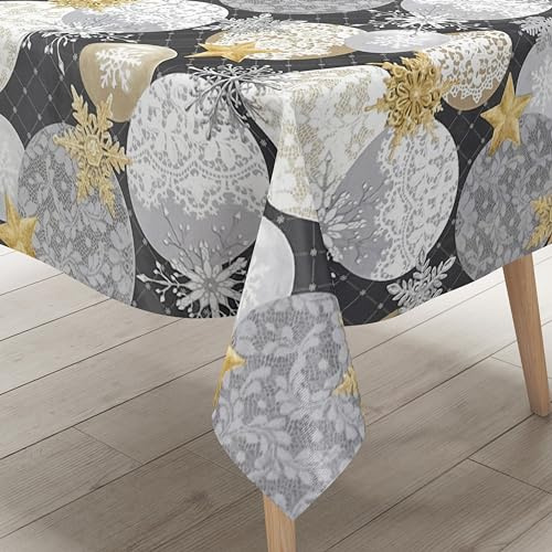 KEVKUS Wachstuch Tischdecke B7000-02 goldene Sterne grau Weihnachten Advent wählbar in eckig, rund und oval - Größe rund 120cm mit Paspelband