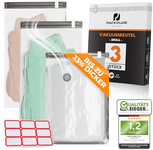 PACKDUDE® Vakuumbeutel für Kleidung klein I 60x40 I Stabile & luftdichte Vakuum Kleiderbeutel mit Ventil I Small Vacuum Sealer Bags I Vakuumierbeutel Kleidung klein I Ideal für Aufbewahrung & Reise