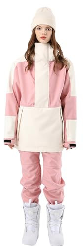 HOUZONIY Herren Damen Skianzug Schneeanzug Damen Skioverall Winter Warme Schnee Skifahren SäTze Outdoor Jumpsuit Mit Kapuze ReißVerschluss SkianzüGe Wasserdicht Snowboard Skisuit(T2152+RosaWeiß S)