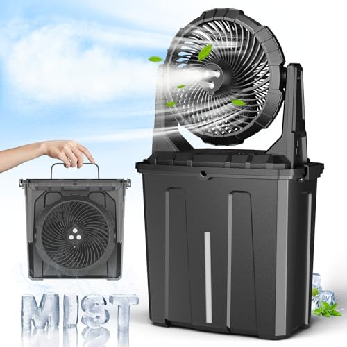 Portable 9L Bucket Misting Fan,20000mAh Rechargeable Battery Operated Fan,3 Large Spray Outlets Floor Mist Desk Fan,3 Strong Winds Personal Travel Fan，Mister Fans for Outside, Patio,Home,Camping,Work.