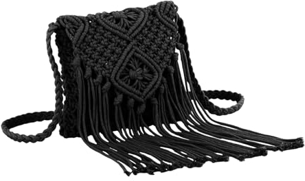 Fecialy Women's Summer Beach Straw Bag Cotton Crochet Crossbody Bag Envelope Tassel Bag with Zipper Shoulder Bag,Black