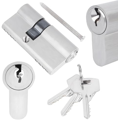 BAUSTER® Schließzylinder mit 3 Schlüsseln, Zylinderschloss 25/35 Profilzylinder, Türschloss Ersatzzubehör, Wendeschlüssel, Türschloss Sicherheitsschloss Haustür, Nickel matt