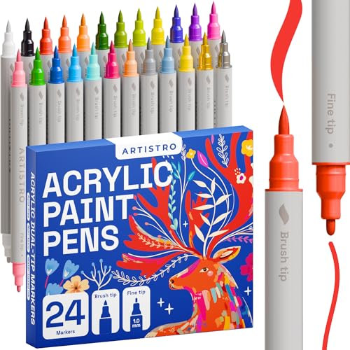 Artistro Acrylfarbenstifte, Kunstset, Acrylfarbenmarker mit Doppelspitze, Acrylmarker für Stoff, Leinwand, Stein, Glas, Holz, Papier, Heimwerken (Doppelspitze + fein, 24)