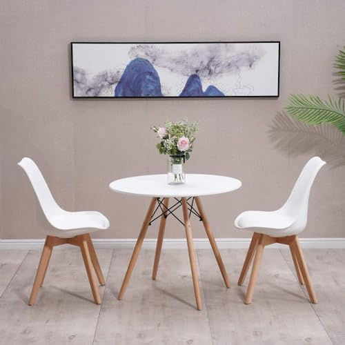 JupiterJX Modern Design Dining Table And Chairs Set 2, Round Kitchen Table Tulip Retro Lounge Chairs With Wooden Legs, Complete Dining Set White Table 80cm With Chairs For Home Office (White, 2 Chair)