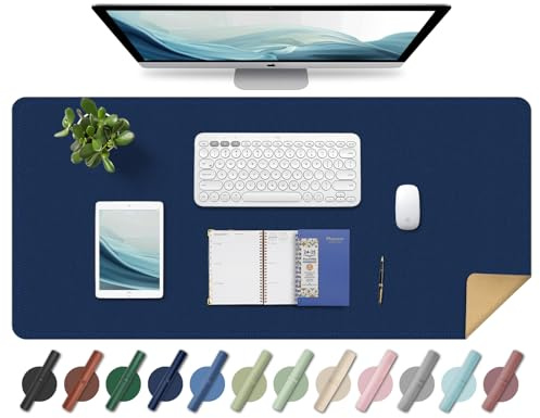 BLESWIN Leather Desk Mat, Large Non-Slip Mouse Pad, Waterproof Desk Protector, Writing Desk Mat, Decorative Office Blotting Mat (Dark Blue, 90 x 43 cm)