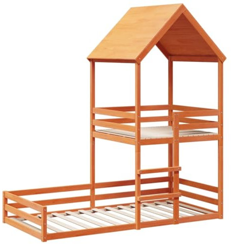 vidaXL Etagenbett, Hochbett mit Dach Leiter Sperrholzlatten, Stockbett für Schlafzimmer, Bett Holzbett Einzelbett, Wachsbraun 90x200cm Massivholz Kiefer