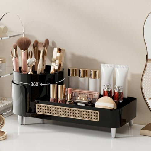Drehbarer Make-up-Organizer, großes Fassungsvermögen, 2-in-1-Make-up-Caddy für Badezimmer, Kosmetik-Vitrine, Schwarz