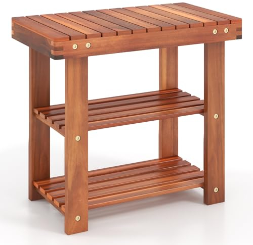 GIANTEX Banco Zapatero de Madera Maciza de Acacia, 3 Niveles, Organizador para Zapatos o Plantas, Estantería de Zapatos para Entrada, Dormitorio (50 x 28 x 45 cm)