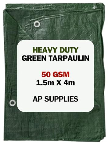 AP Supplies Lightweight Green Tarpaulin 1.5m x 4m | 50gsm Waterproof & Weatherproof Sheet with Reinforced Edges & Metal Eyelets | Outdoor Cover for Garden, Camping & DIY Use