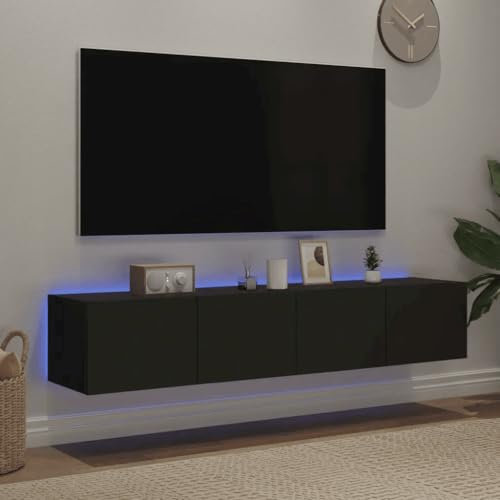 Canditree Floating TV Cabinet with LED Lights, Floating TV Stand with Storage, Floating TV Shelf Wall Mounted Entertainment Center, 160 cm (Black)