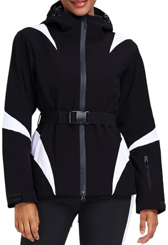 HOTIAN Damen Winterjacke Skijacke Wasserdicht Winddicht Warm Snowboardjacke mit Kapuze Atmungsaktiv Schneejacke Outdoor Kapuzen Windbreaker mit Hüftgürtel Black L