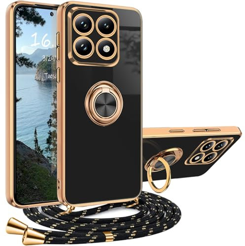 XCYYOO Handykette für Xiaomi 14T Hülle mit Band Xiaomi 14T Handyhülle mit Kette Luxuriös Galvanisierte Schutzhülle zum umhängen Silikon Hüllen Xiaomi 14T Case mit Ring Ständer mit Kordel