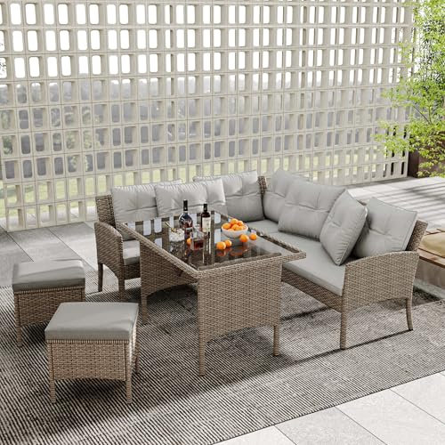 DRIXNO Poly Rattan Sitzgruppe Esstisch Lounge Gartenmöbel Sitzgarnitur Garten-Garnitur Set, Gartenlounge für 7 Personen, mit Sofa, Tisch, Hocker & Kissen, Abnehmbarer Waschbarer Stoffbezug, Khaki