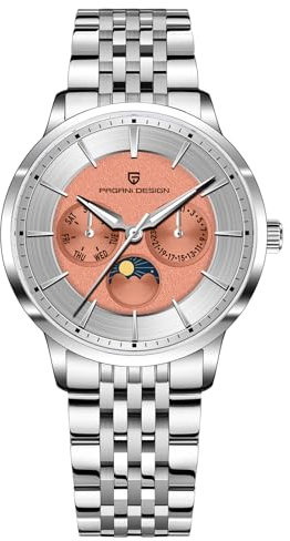 Pagani Design Mode Minimalistisch Quarz Analog 40mm Edelstahl Datum Kalender Wasserdicht Leuchtend Herrenarmbanduhr Leder/Edelstahlarmband(Stahlgürtel Orange 1)