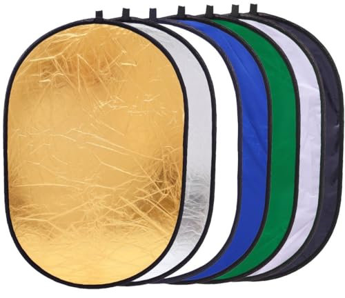 Reflex Camera Riflettore fotografico 7 in 1, rotondo, 60 cm, traslucido/argento/oro/bianco/nero/blu/verde, kit diffusore di luce e sfondo Chroma Key con custodia per il trasporto (100 x 150 cm/39 x 59