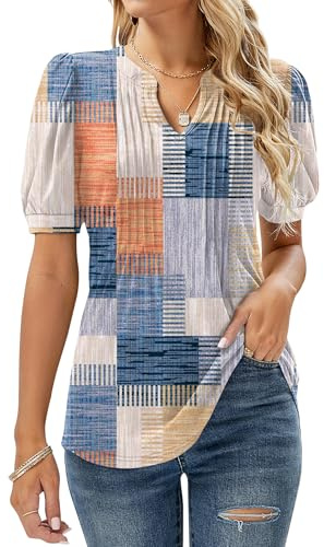 EFFAN Women Tops Short Sleeve Tunic Summer T Shirts Ladies Top V Neck Elegant Floaty Floral Printed My Orders Blouse Colorful Check S (UK 8-10)
