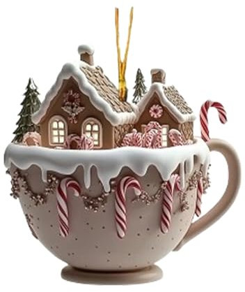 Ciondolo a forma di cacao – Decorazione per albero di Natale a forma di tazza di cioccolata calda, decorazione natalizia in acrilico, paesaggio invernale, ciondolo decorativo per albero di Natale con