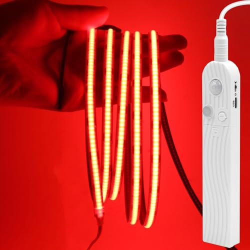 GQL Motion Sensor COB LED Strip Lights - PIR 5V Battery or USB Powered, Self-Adhesive for Closet Wardrobes Cabinets Stairs (Red, 1m)