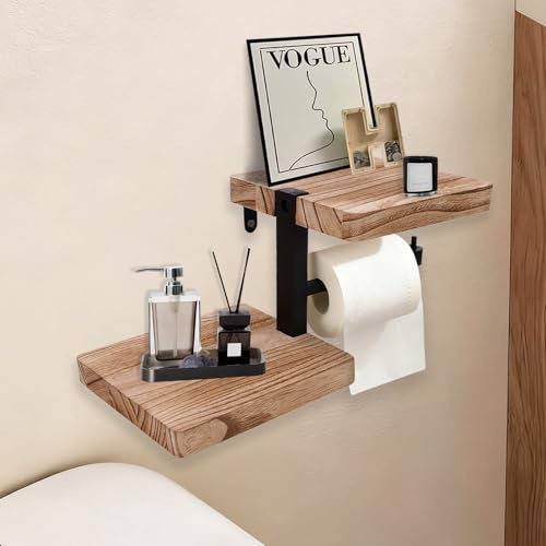 gieto bedding Toilet Roll Holder Wall Mounted with Shelves for Storage, Wooden Toilet Paper Tissue Holder with Vintage Style Double Shelf for Bathroom Kitchen