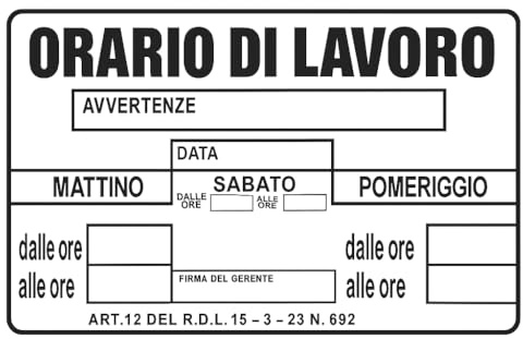 Cartello Orari di Lavoro – Targa Segnaletica in PVC 20x30 cm – Resistente UV e Impermeabile – Per Uffici, Attività Commerciali e Aziende – LEMAG SRL