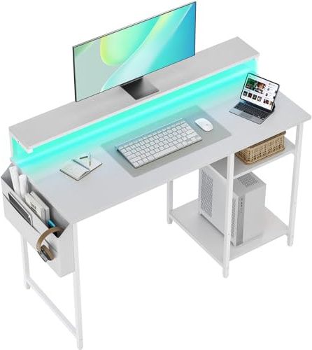 SOLAVERO Scrivania, 120 x 48 cm Scrivania Computer Piccola con Supporto per Monitor, tavolo gaming con Borsa Portaoggetti, Scaffali Regolabili, per Ufficio Domestico, Studio e Gioco, Bianca
