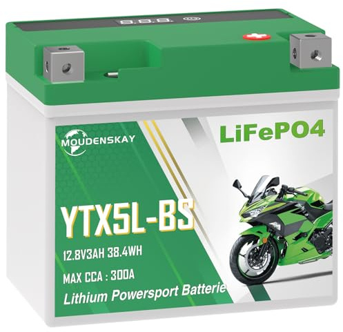 MOUDENSKAY YTX5L-BS Lithium Motorrad Batterie 12V 3ah CCA300+ Starter | LiFePO4 Technologie,BMS Schutz und Anzeige,kompatibel YTX7L-BS,YTZ7S,YB7C-A für Motorrad, ATV & UTV,Ultraleicht,Wartungsfrei