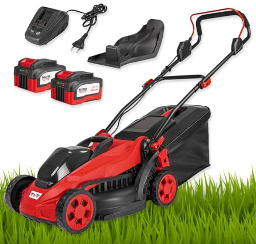 WALTER Akku-Rasenmäher 20V Brushless – 2X 4Ah Akku | 330mm | 5-Fach Schnitthöhe 25–65mm | Mulchfunktion | 35L Grasfangkorb | Schnellladegerät | GS-geprüft