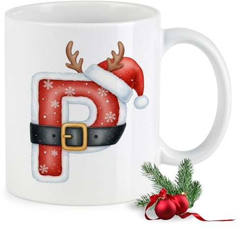 GRAZDesign Weihnachtstasse Buchstabe P Keramikbecher mit Initial im Weihnachtsmann Design – Monogramm Tasse mit Rentiergeweih & Nikolausmütze