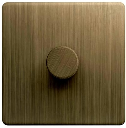 Evoges Terra Push Dimmer Light Switch, 250VA Rotary LED Dimmer, Antique Brushed Brass Decorative Metal Wall Plate, Push On Off Lighting Control (1 Gang)