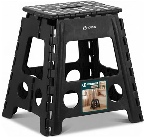 VOUNOT® Klapphocker Faltbar Rutschfester Tritthocker mit Tragegriff, Tragbarer Klapptritt Hocker für Badezimmer Küche Garten und Camping, 39 x 32 x 40 cm Schwarz